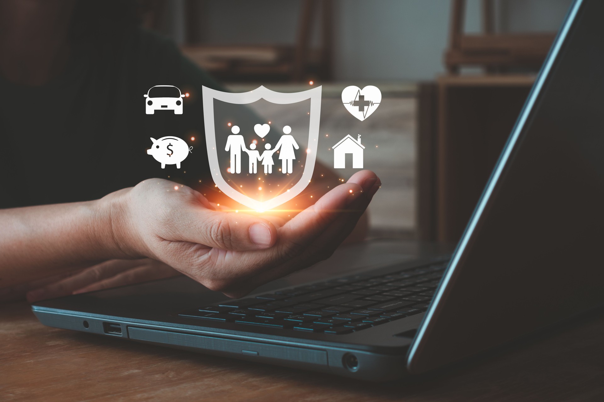 Insurance concept. Business people holding and giving insurance and assurance icon including family health, real estate, car and financial for risk management on virtual screen.